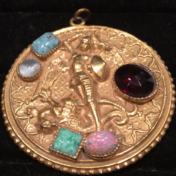 Vintage Brass Medallion with gemstones of St. George slaying the Dragon - Picture 2 of 4